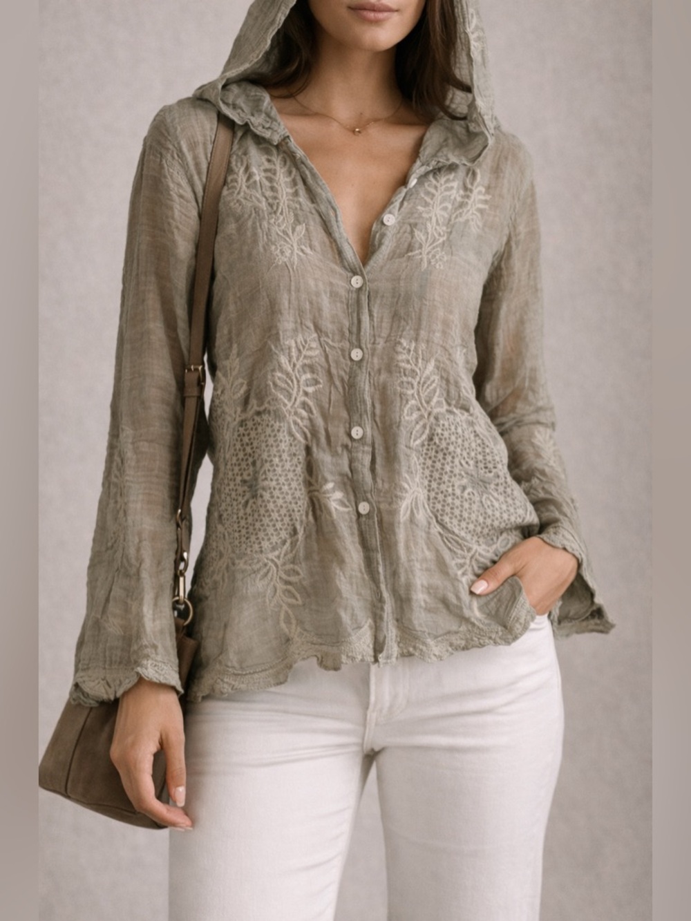 Boutique Italian Sage Green Hooded Embroidered Linen Boho Button Up Blouse M